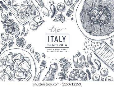 Italian food top view illustration. Spagetti and ravioli table background. Engraved style illustration. Hero image. Vector illustration