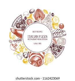 	
Italian food top view illustration with hand darwn ingredients. Engraved style Pizza illustration. Fast food menu or packaging design.  Vintage round template