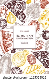 Italian food top view illustration. Hand darwn Pizza ingredients in engraved style. Fast food sketches. Vector Menu or packaging design. Vertical flyer template.