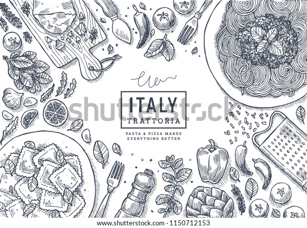 イタリア料理のトップビューイラスト スパゲッティとラビオリのテーブル背景 彫り込みスタイルのイラスト ヒーロー画像 ベクターイラスト のベクター画像素材 ロイヤリティフリー