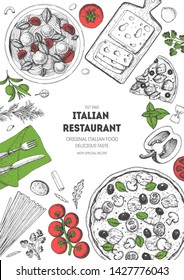 Plantilla de menú de primera vista de comida italiana. Una selección de platos italianos con pasta y pizza. Plantilla de diseño de menú de comida. Dibujo vintage dibujado a mano ilustración vectorial. Imagen grabada