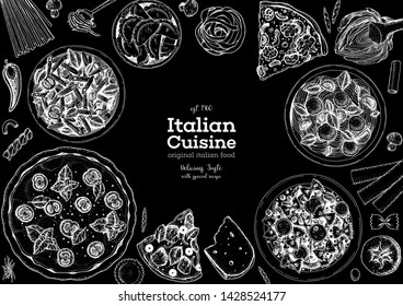 Italian food top view menu template. A set of Italian dishes with pasta and pizza, spaghetti and ravioli. Food menu design template. Vintage hand drawn sketch vector illustration. Engraved image