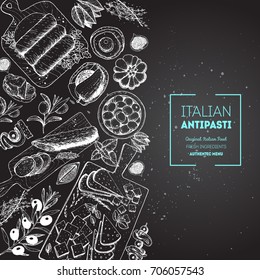 Italian food top view poster. A set of Italian Antipasti. Food menu design template. Vintage hand drawn sketch vector illustration. Engraved image
