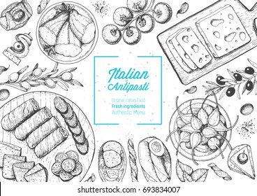 Italian food top view. A set of Italian Antipasti. Food menu design template. Vintage hand drawn sketch vector illustration. Engraved image