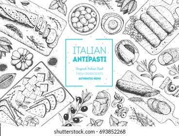 Vista de cima da comida italiana. Um conjunto de Antipasti italiano. Modelo de design de menu de alimentos. Vintage desenhado à mão ilustração vetorial esboço. Imagem gravada