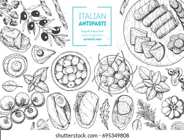 Vista de cima da comida italiana. Um conjunto de Antipasti italiano. Modelo de design de menu de alimentos. Vintage desenhado à mão ilustração vetorial esboço. Imagem gravada