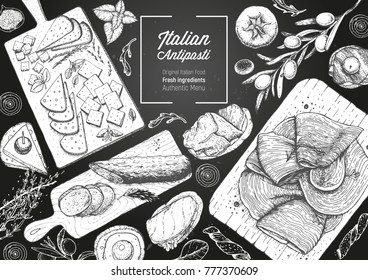 Italian food top view. A set of Italian Antipasti. Food menu design template. Vintage hand drawn sketch vector illustration. Engraved image