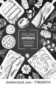 Italian food top view. A set of Italian Antipasti. Food menu design template. Vintage hand drawn sketch vector illustration. Engraved image