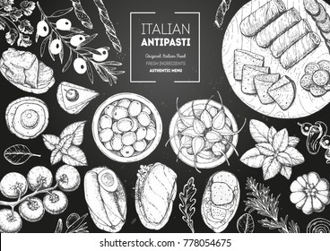 Italian food top view. A set of Italian Antipasti. Food menu design template. Vintage hand drawn sketch vector illustration. Engraved image