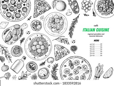 Italian Food. Top view. Sketch illustration. Italian cuisine. Design template. Hand drawn illustration. Black and white. Engraved style. Authentic dishes.