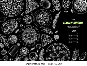 Italian Food. Top view. Sketch illustration. Italian cuisine. Design template. Hand drawn illustration. Black and white. Engraved style. Authentic dishes.