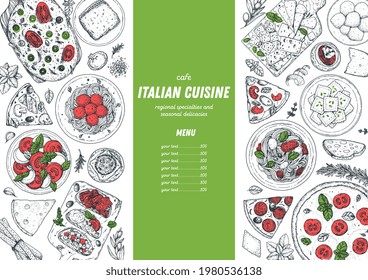 Comida italiana. Vista superior. Dibujo ilustrativo. Cocina italiana. Plantilla de diseño. Ilustración vectorial dibujada a mano. Blanco y negro. Estilo grabado. Pasta y pizza, raviolis. Platos auténticos