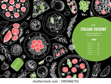 Italian Food. Top view. Sketch illustration. Italian cuisine. Design template. Hand drawn vector illustration. Black and white. Engraved style. Authentic dishes