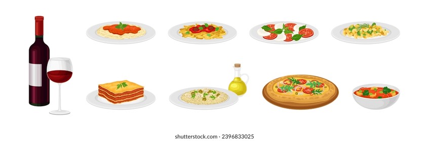 Italian Food and Traditional Dishes Served Vector Set