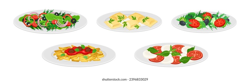 Italian Food and Traditional Dishes Served Vector Set