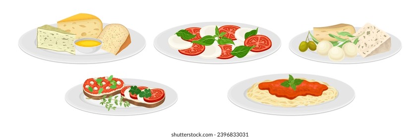 Italian Food and Traditional Dishes Served Vector Set