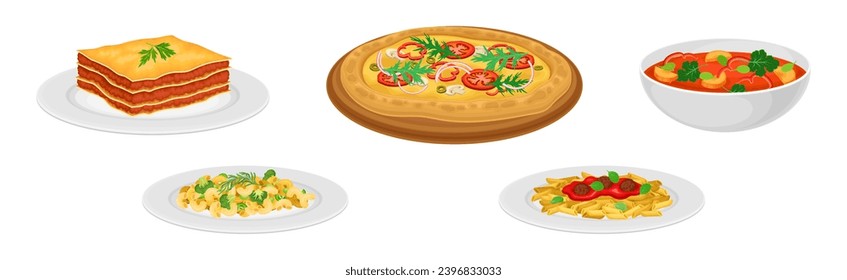 Italian Food and Traditional Dishes Served Vector Set