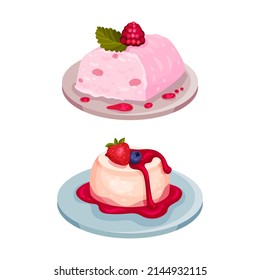 Italian food traditional dishes set. Panna cotta and ice cream desserts vector illustration