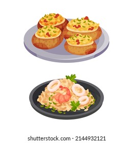 Italian food traditional dishes set. Risotto and bruschetta served on plates vector illustration