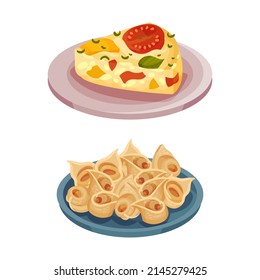 Italian Food Traditional Dishes Set. Frittata And Tagliatelle Served On Plates Vector Illustration