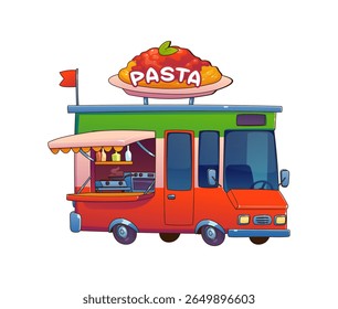 Italian food truck car, festival street foodtruck van serving freshly made pasta, featuring a giant plate of spaghetti on top. Cartoon vector retro mobile, authentic cuisine eatery, street food vendor