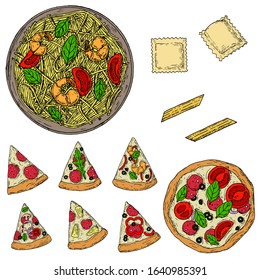 Italian food. Vector cartoon illustrations. Isolated objects on a white background. Hand-drawn style. Top view.