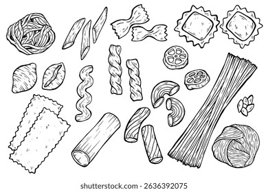 Italian food vector collections. Hand drawn line art clipart with different types of paste. Set in the ink style for menus, pizzerias, restaurants.