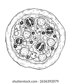 Italian food vector collections. Hand drawn line art illustration with classic pizza with sausage, tomatoes, mushrooms and olives. Composition in the ink style for menus, pizzerias, restaurants.
