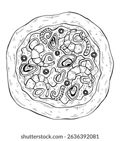 Italian food vector collections. Hand drawn line art illustration with seafood pizza. Composition in the ink style for menus, pizzerias, restaurants.