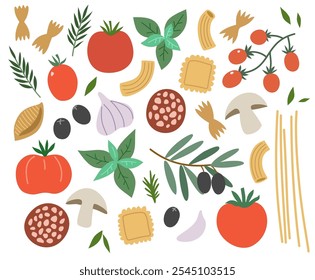 Elementos de vetor alimentar italiano para design. Massas, tomates, especiarias e. cogumelos, ilustrações desenhadas à mão, isoladas sobre fundo branco.