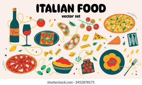 Italian food vector illustration set in cartoon style. Collection of traditional Italian meal: pizza, pasta, bruschetta, wine, olives, cheese, parmigiano, ravioli, glass of wine. Tasty dishes elements