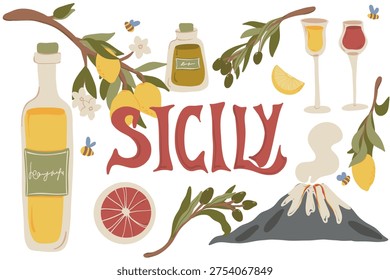 Italian food vector set with olive oil, lemons, olives, wine glasses and volcano illustration