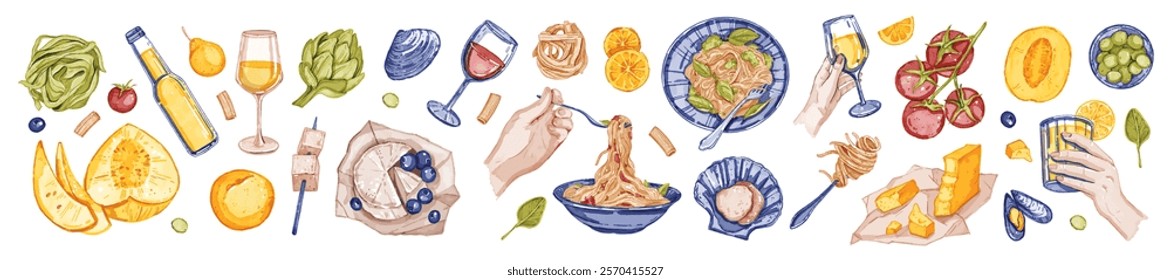 Italian food vector set, watercolor hand drawn dinner illustration, pasta plate, wine glass, cheese. Summer vacation eatery aesthetic clipart, dolce vita tasty lunch, fruit, vegetables. Italian food