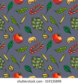 Italian food vegetables colorful vector seamless pattern