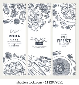 Italian food vertical banner set. Spagetti and ravioli. Engraved style illustration. Hero image. Vector illustration