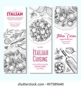 Italian food vintage design template. Vertical banners set. Vector illustration hand drawn linear art. Italian Cuisine restaurant menu. Hand drawn sketch vector banners.