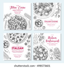 Italian food vintage design template. square banners set. Vector illustration hand drawn linear art. Italian Cuisine restaurant menu. Hand drawn sketch vector banners.