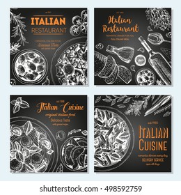 Italian food vintage design template. square banners set. Vector illustration hand drawn linear art. Italian Cuisine restaurant menu. Hand drawn sketch vector banners.