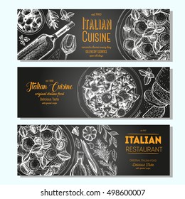 Italian food vintage design template. Horizontal banners set. Vector illustration hand drawn linear art. Italian Cuisine restaurant menu. Hand drawn sketch vector banners.