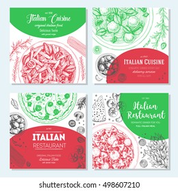 Italian food vintage design template. square banners set. Vector illustration hand drawn linear art. Italian Cuisine restaurant menu. Hand drawn sketch vector banners.