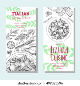 Italian food vintage design template. Vertical banners set. Vector illustration hand drawn linear art. Italian Cuisine restaurant menu. Hand drawn sketch vector flyers.