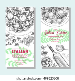 Italian food vintage design template. Vertical banners set. Vector illustration hand drawn linear art. Italian Cuisine restaurant menu. Hand drawn sketch vector flyers.