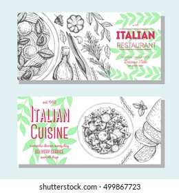 Italian food vintage design template. Horizontal banners set. Vector illustration hand drawn linear art. Italian Cuisine restaurant menu. Hand drawn sketch vector flyers.