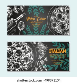 Italian food vintage design template. Horizontal banners set. Vector illustration hand drawn linear art. Italian Cuisine restaurant menu. Hand drawn sketch vector flyers.