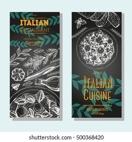 Italian food vintage design template. Vertical banners set. Vector illustration hand drawn linear art. Italian Cuisine restaurant menu. Hand drawn sketch vector flyers.