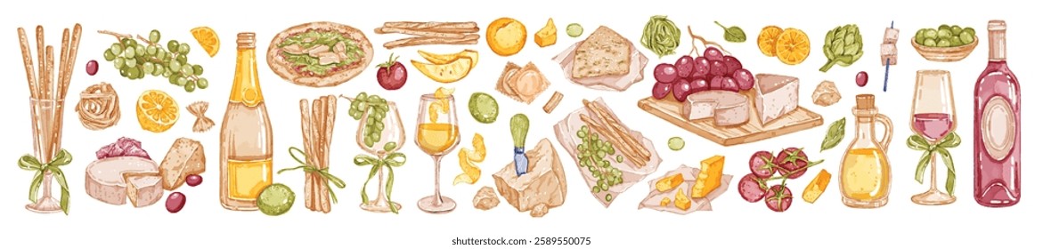 Italian food watercolor set, vector hand drawn eatery collection, wine bottle, appetizer glasses. Various cheese, kitchen menu design object, pizza cafe graphic, tomato, fruit. Italian food restaurant