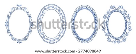 Italian frames with crayon or paint doodle texture, blue pastel waves and floral pattern, isolated on white background. Mediterranean oval border set for summer posters, wedding vintage designs