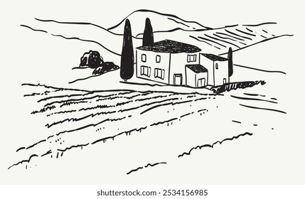 Viñedo italiano, francés o español con campo de uva. Antecedentes para el diseño de etiquetas de vino. Paisaje de Vector de la Toscana con casa y viñedo en estilo de línea simple vintage. Vista de campo de tiza o carbón.