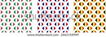 italian, french and belgian flags pattern set. diamond background. vector illustration