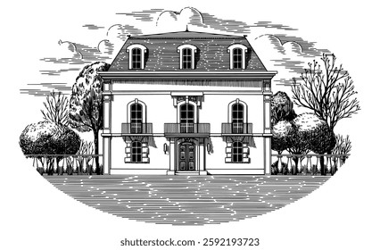 Italian or French villa from riviera. Mediterranean landscape for wine label with vineyards and cypress tree. Old building drawing in traditional pen and ink engraved style. South houses for bottle